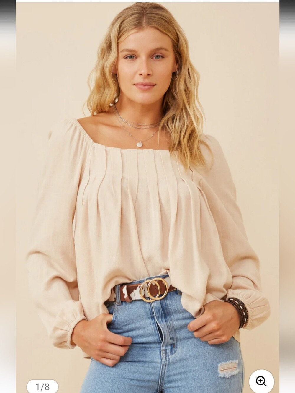 Hayden Square-Neck Box Pleated Long-Sleeve Top in Cream EUC